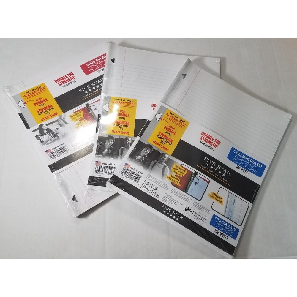 Five Star Reinforced Filler Paper 2-College 1-Wide Ruled 100 Sheets Ea Pack NEW‎